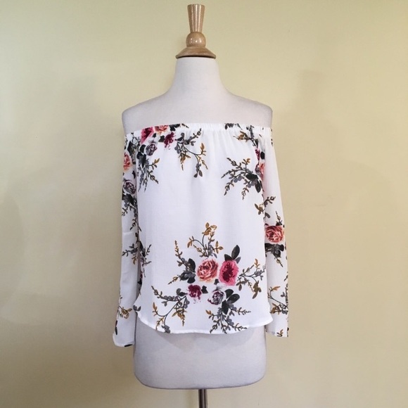 Off Shoulder Bell Sleeve White Floral Blouse - Picture 3 of 5